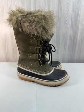 Sorel Joan Of Arctic Snow Boot Size 9 Women Tall Olive‎ Suede Waterproof Lace Up